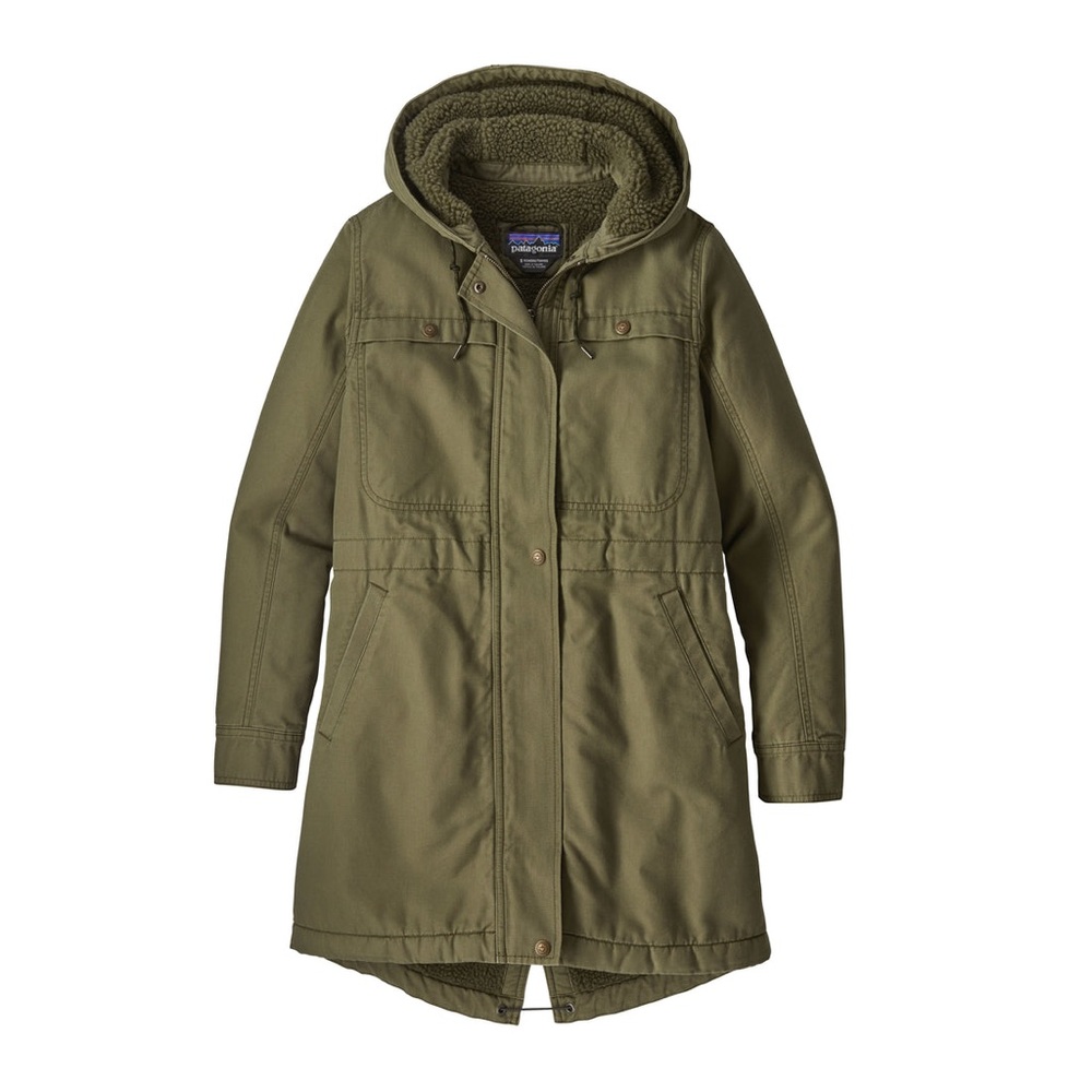 Patagonia Prairie Dawn Hooded Parka Jacket Sherpa Lined Womens Small Green